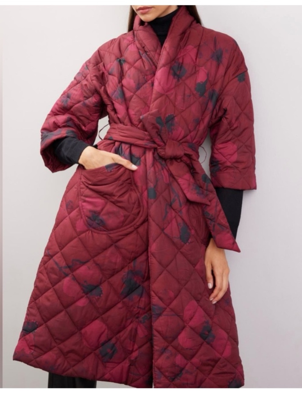 Hutch Mason Red Floral Duvet Trench Coat Size S Small Self-Tie Belt Luxury Chic
